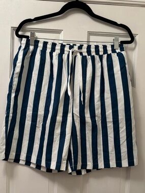 Men’s Navy and White Vertical Stripe Elastic Waist Swimshorts